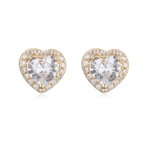 Elegant 18K gold plated heart stud earrings featuring clear zircon stones and pavé halo