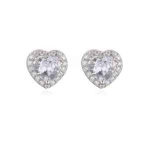Elegant silver heart stud earrings featuring a large central zircon and halo crystals