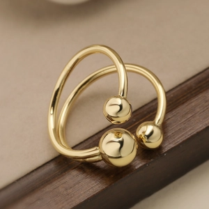 Minimalist double-layer 18K gold plated open ring with three polished metal spheres