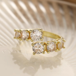 Luxe gold-plated geometric open ring with six sparkling zircons for women