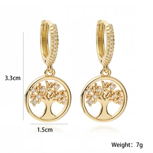 Detail view of 18K gold plated tree of life earrings with sparkling zircon crystals