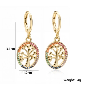 Detail showing 3.1cm tree of life earrings with 18K gold plating and colorful zircons