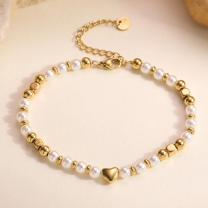 Elegante Bracciale Con Ciondolo a Cuore in Acciaio Inossidabile Placcato Oro 18K Con Catena di Künstliche Perle d'Imitazione Bianche Gioielli da Donna