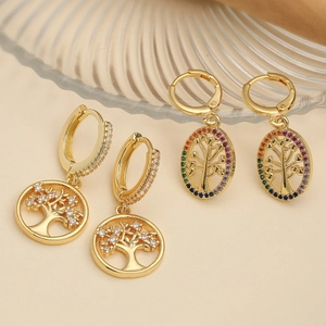 Copper Zirconia Tree Of Life Dangle Earrings Gold Plated Geometric Round Oval Hoop Earrings For Women Fashion Jewelry