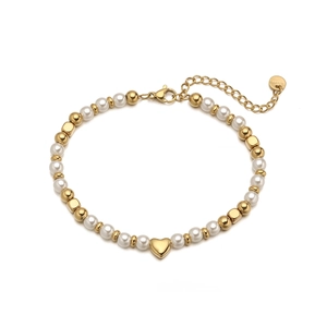 Bracciale di perle in acciaio inossidabile dorato con ciondolo a cuore e chiusura a moschettone