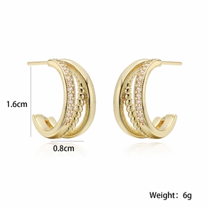 18K gold plated C-shaped triple layer hoop earrings with zircons and beaded texture