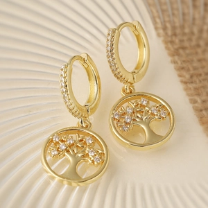 Elegant 18K gold plated tree of life hoop earrings with sparkling zircon stones