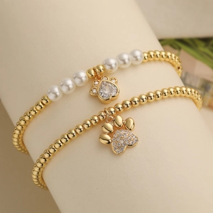 Modieuze 18K Vergulde Koperen Kralen Armband Schattige Dieren Hondenpoot Hanger Zirkoon Hart Charm Kunstparel Armband Voor Dames Sieraden