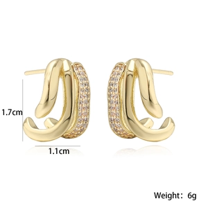 Modern double-layered gold J-shaped earrings with pave-set cubic zirconia stones