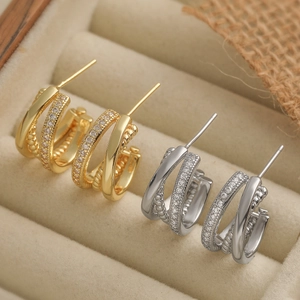 Trendy 18K Gold Silver Plated Copper Geometric Stud Earrings For Women Rhinestone C-Shaped Triple Layer Micro-Inlaid Jewelry