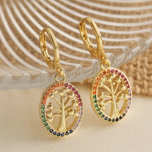 18K gold plated tree of life earrings featuring rainbow gradient zircon stones
