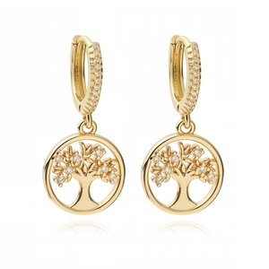 Elegant 18K gold plated Tree of Life hoop earrings with sparkling zircon gemstones