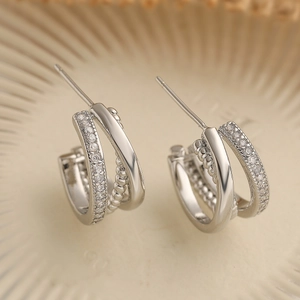 Chic silver-plated triple-row hoop earrings with sparkling cubic zirconia insets