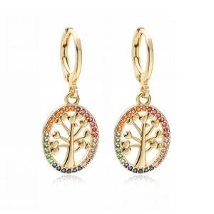 18K gold plated Tree of Life earrings with heart leaves and rainbow zircon accents