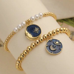 Bohemian Gold Plated Copper Celestial Sun Moon Star Enamel Bead Bracelet For Women Zirconia Artificial Pearl Jewelry