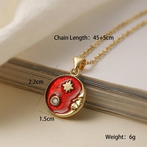 Detailed view of red enamel sun moon star pendant necklace with 45+5cm chain size