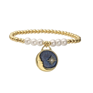 Detail of 18K gold-plated beaded bracelet with blue enamel sun and moon pendant
