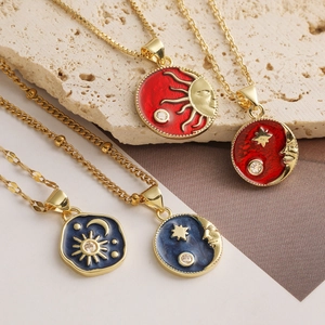 Vintage Copper Zirconia Pendant Necklace Celestial Sun Moon Star Enamel Gold Plated Bohemian Jewelry For Women Daily Accessory
