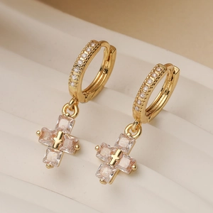 Minimalist Copper 18K Gold Plated Cross Drop Earrings With Zirconia Exquisite Geometric Religious Hoop Earrings For Women Jewelry