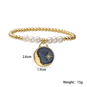 18K gold plated bead bracelet with celestial sun moon pendant and white pearls