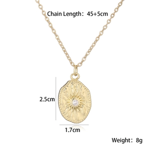 Detailed size specifications for 18K gold plated coin necklace with sunburst pendant