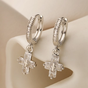 Elegant 18K gold plated cross earrings with square cut zircon stones on huggie hoops