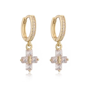 18K gold plated hoop earrings with pink zircon cross drop pendants for women