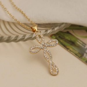 Luxurious 18K gold plated cross pendant necklace with sparkling white zircons for women