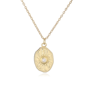 Minimalist 18K gold plated necklace featuring an oval sunburst pendant with zircon stone