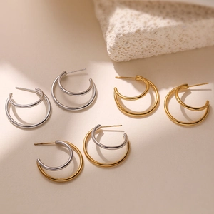 Boucles d'oreilles créoles géométriques minimalistes en C à double couche or et argent