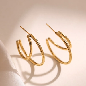 Boucles d'Oreilles Géométriques en Forme de C en Acier Inoxydable Minimaliste pour Femmes Boucles d'Oreilles Clous à Double Couche Polie Bijoux