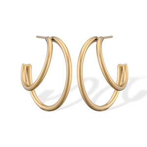Boucles d'oreilles créoles doubles dorées géométriques avec un design minimaliste entrelacé