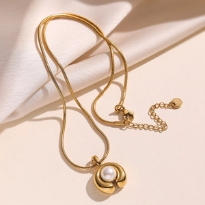 18K Vergoldete Edelstahl Schlangenkette Halskette Minimalistische U-Form Anhänger Runde Künstliche Perle Halskette Für Damen Eleganter Schmuck