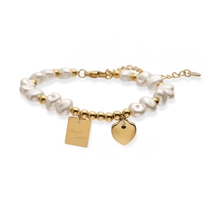 Bracelet élégant en acier plaqué or 18 carats avec perles et breloques Good Luck