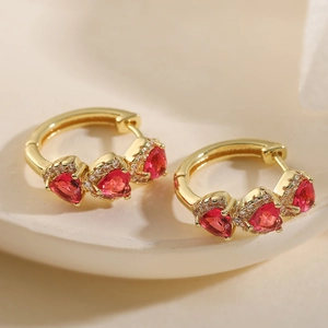 Luxury 18K gold plated hoop earrings with red heart zircons and micro-pave detailing