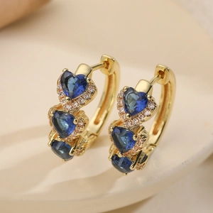 Luxury 18K gold plated hoop earrings with blue heart zircons and micro-pave crystals