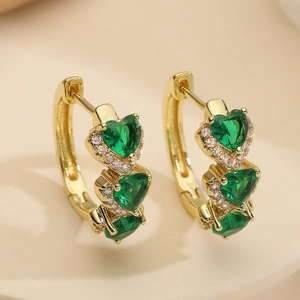 Elegant 18K gold plated hoop earrings featuring three green heart-shaped zircons
