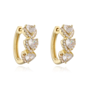 Minimalist 18K gold plated hoop earrings with three heart-shaped cubic zirconia stones