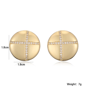 Detailed view of 1.8cm gold geometric round stud earrings with crystal cross inlay