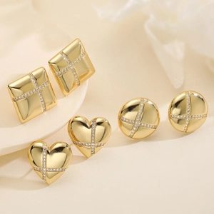 Vintage Gold Plated Copper Geometric Stud Earrings Heart Round Square Cross Cubic Zirconia Jewelry For Women Daily