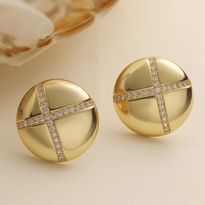 Elegant gold round stud earrings with a zircon cross inlay in a minimalist geometric style