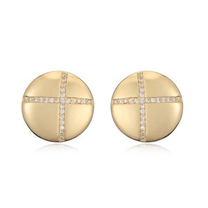 Golden round disk stud earrings with zircon-inlaid cross design on white background