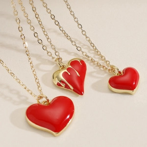 Vintage 18K Gold Plated Copper Red Heart Pendant Necklace For Women Drip Oil Enamel Simple Clavicle Chain Jewelry