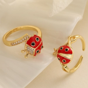 Luxury 18K gold plated copper ladybug rings with red enamel and sparkling zircons