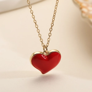 Minimalist 18K gold plated necklace with a red enamel heart pendant for women
