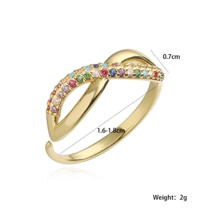 18K gold plated crisscross open ring with colorful zircon stones on white background