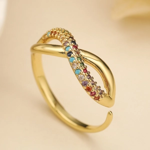 Simple Geometric Open Ring For Women Copper 18K Gold Plated Colorful Zirconia Inlaid Adjustable Finger Ring Fashion Jewelry