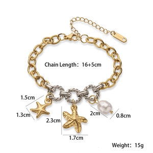 Detail of two-tone stainless steel starfish bracelet with white pearl charm