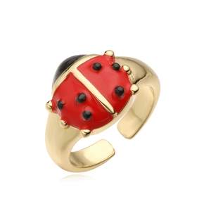 Bague ouverte coccinelle plaquée or 18 carats avec motif insecte en émail rouge et noir