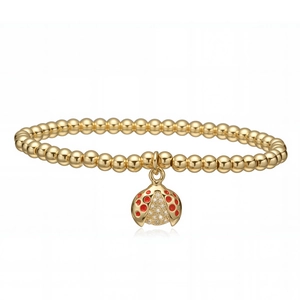 Bracelet à billes plaqué or 18K avec breloque coccinelle en émail rouge et zircon